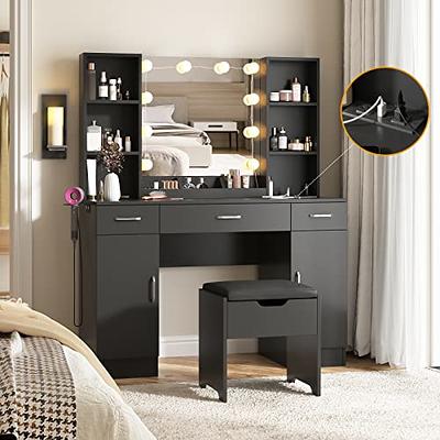 43.3 Vanity Dressing Table with Flip-top Mirror and 3 Storage Drawers,  Wood Vanity Desk with PU Upholstered Stool, Makeup Vanity Set for Bedroom