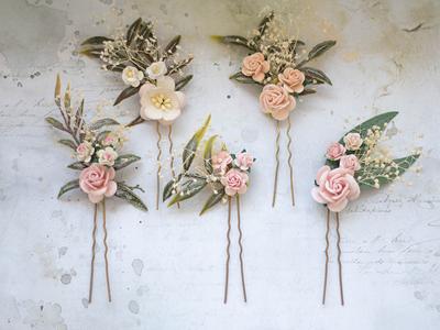 Pink blush flower pins, wedding hair pins, flower hair clip, bridal hair  pins for bride or bridesmaid, baby's breath hair comb