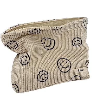 GUTGNK Makeup Bag For Women - Corduroy Cosmetic Bag Aesthetic Design Ladies  Tote Bag,Women's Pencil Case, Cute Smiley Face Makeup Organizer with