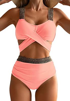  Women's Bikini Sets Two Piece Swimsuit Mid Waisted V Neck  Bandage Bathing Suit Blue : Sports & Outdoors