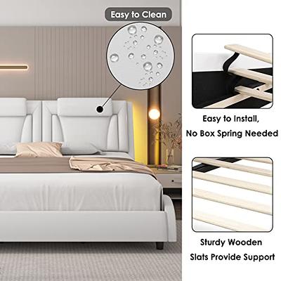 WEEWAY King Bed Frame Platform Bed with Linen Fabric Upholstered Headboard  and Wooden Slats Support, Heavy Duty Mattress Foundation, No Box Spring