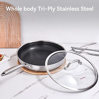 DELARLO Whole Body Tri-Ply Stainless Steel Sauté Pan with lid, 6 Quarts  Saute Pan, 12 Inch Deep Frying Pan, Induction Compatible Chef Cooking Pan