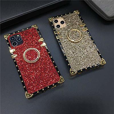 for iPhone 12/12 Pro Bling Case Luxury Trunk Box Design Glitter Cute Gold  Square Corner Soft TPU Cover with Finger Ring Grip Kickstand for Women  Girls