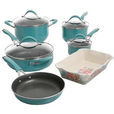 The Pioneer Woman Frontier Speckle 12-Piece Aluminum Cookware Set, Coral