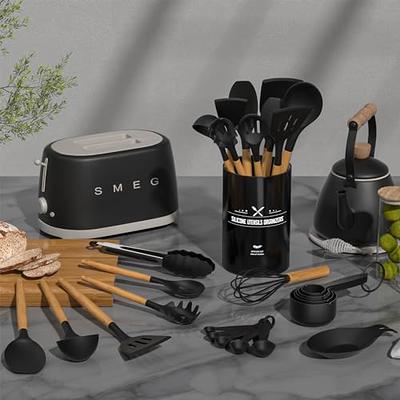 Umite Chef Kitchen Cooking Utensils Set, 33 pcs Non-Stick Utensils Spatula  Set with Holder, Black Wooden Handle Silicone Kitchen Gadgets