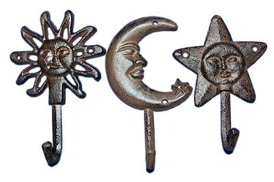 Set of 3 Cast Iron Sun, Moon and Star Wall Hooks for Entryways or