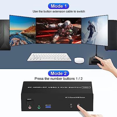 USB 3.0 Dual Monitor KVM Switch HDMI 2 Port, 4K@60Hz Extended Display KVM  Switch 2 Monitors 2 Computers with Audio Microphone Output and 3 USB 3.0
