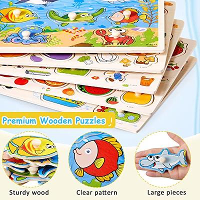  Wooden Puzzles for Toddlers 1-3, 6 Pack Peg Puzzles with Wire Puzzle  Holder Rack for Kids, Learning Educational Puzzles for Baby Puzzles 12-18  Months, Savannah Ocean Animal Dinosaurs Montessori Toys 