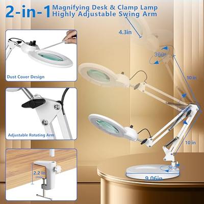 【Upgrade Head Dual Dimmer】 10X Magnifying Glass with Light and Stand, HITTI  2-in-1 LED Lighted Magnifier Large Base & Clamp, Infinite Color Stepless