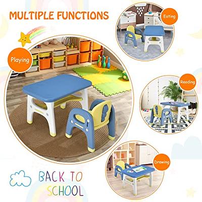 INFANS 2 in 1 Kids Art Table and Chair Set, Toddler Craft Play Wood Activity Desk with 2 Chairs for Drawing Writing, White