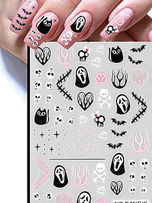 JMEOWIO 9 Sheets Halloween Nail Art Stickers Decals Self-Adhesive Pegatinas  Uñas Skull Horror Ghost Pink Pumpkin Spook Nail Supplies Nail Art Design
