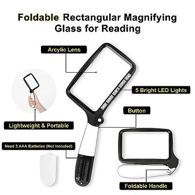 Folding Handheld Magnifying Glass with Light, 3X Large Rectangle Reading  Magnifier with Dimmable LED for Seniors with Macular Degeneration,  Newspaper, Books, Small Print, Lighted Gift for Low Visions Black and White