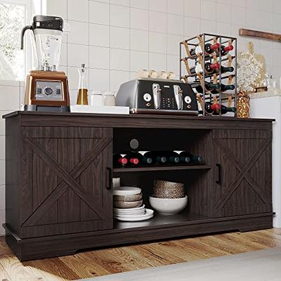 PHI VILLA Farmhouse Coffee Bar Cabinet - Sliding Barn Door Kitchen  Sideboard Buffet Storage Cabinet 