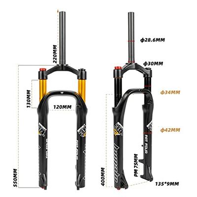 Bike Front Fork 20 Inch For 4.0 Tire Air Suspension Fork 1-1/8 Disc Brake  QR Travel 130mm Adjustable Rebound Double Shoulder For Snow Beach XC MTB