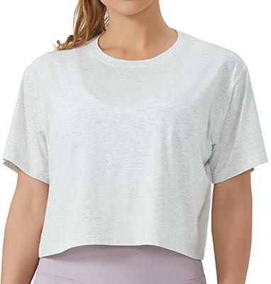 CRZ YOGA Women's Pima Cotton Short Sleeve Crop Tops High Neck Cropped Workout  Tops Yoga Athletic Shirts Casual T-Shirt