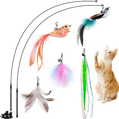 Benemall Cat Feather Toys Interactive Cat Toy with Super Suction Cup Detachable 6 Pcs Feather Replacements with Bell 2 Wand Cat Spring Feather Toys for