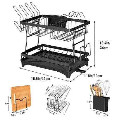 PKBD Rustproof Stainless Steel Dish Drying Rack,2 Tier Large Dish Rack for Kitchen Counter,Dish Rack with Drainboard,Utensil Holder & Cup Holder