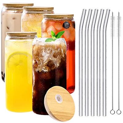 Glass Can With Bamboo Lid, Glass Straw And Straw Brush, Iced
