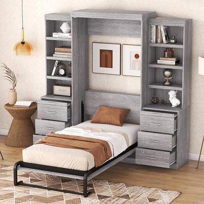 Twin Wood Murphy Bed with Storage Shelves & Drawer, Modern Wall