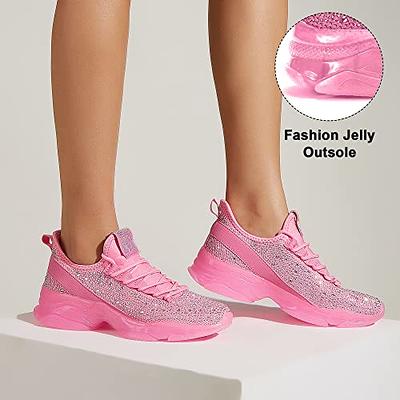 BELOS Women's Rhinestone Mesh Slip on Walking Shoes Fashion Breathable Spakle Glitter Sneaker