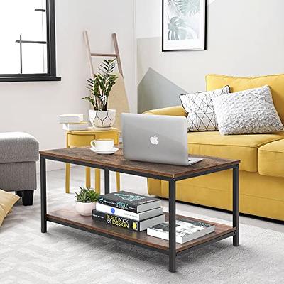 33.5 Round Coffee Table with 2-Tier Storage, Farmhouse Living Room  Cocktail Table with Black Metal Leg, Solid Wood Industrial Sofa Center  Table,Easy