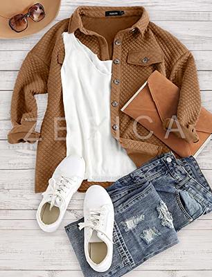 Buy Omoone Women's Lounge Lapel Button Up Long Sleeve Plaid Long Shirt  Jacket Shacket(O1766-Grey-M) at Amazon.in