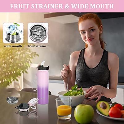 12 oz Insulated Kids Water Bottle with Straw/Chug/2 One-Click-Open Lids Fruit Strainer Stainless Steel Water Bottles Double Wall Vacuum Wide Mouth BPA