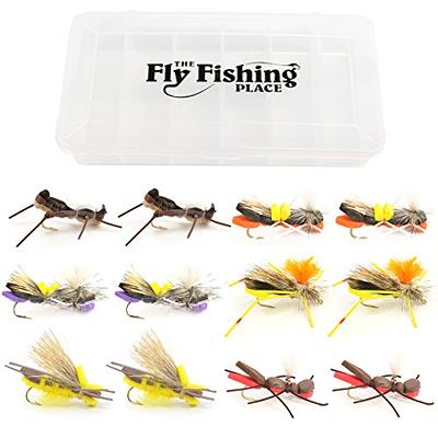 The Fly Fishing Place Hopper Fly Assortment - Foam Body High Visibility  Grasshopper Dry Fly Collection with Fly Box - 18 Flies - Hook Size 10