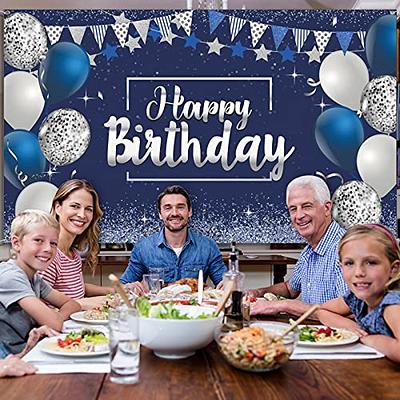 Glitter Silver and Navy Blue Happy Birthday Backdrop