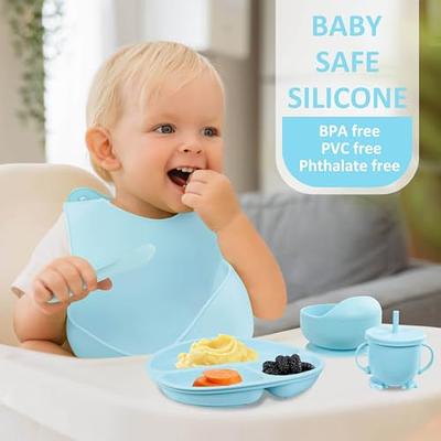  Silicone Baby Feeding Set - 6 Pack Baby Led Weaning Supplies  for Infant & Toddlers 6+ Months, Baby Eating Supplies with Suction Bowl &  Plate, Bib, Training cup, Spoon, Fork 