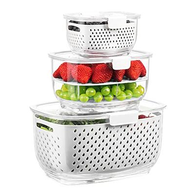 Set of 3 Refrigerator Produce Saver Containers Storage Bins with Adjustable Air Vent, Removable Filter Colander, Kitchen Organizer for Fruits