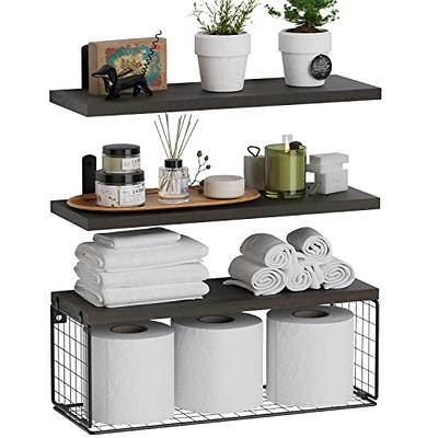 Fixwal 4+1 Tier Floating Shelves, Rustic Wood Wall Shelf, Bathroom Shelves  Over Toilet with Wire Storage Basket, Farmhouse Wall Decor for Bedroom