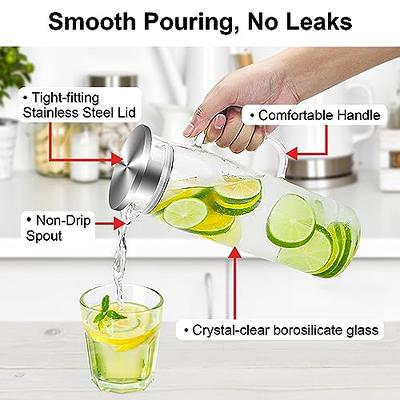 Bokon 2 Pcs Glass Pitcher with Bamboo Lid and Spout Glass Water Pitcher  Wide Mouth Iced Tea Pitcher for Fridge, Beverage Pitchers, Juice Lemonade