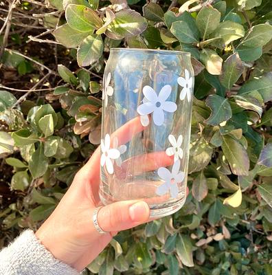 GROOVY FLOWER Glass Can Cup W/ Bamboo Lid & Straw Iced Coffee Glass Cup  Soda Can Glass Cup Beer Glass Can Cup Coffee Cup 