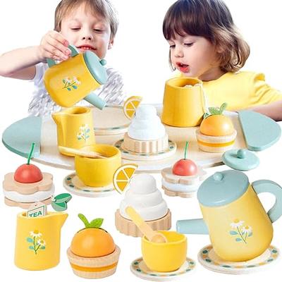 WHOHOLL Wooden Tea Set for Little Girls, Natural Wood Toys Tea