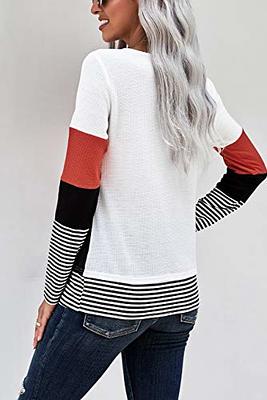 Amkoyam Women's Striped Sweaters 2023 Long Sleeves Knitted Casual Pullovers  Loose Shirt Tops with Button Fall Winter