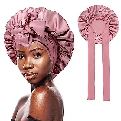 Satin Bonnet Silk Sleep Cap Hair Bonnets for Women Stretchy Tie Band Hair  Cap for Curly Hair Silk Hair Wrap(Bean Paste + Lavender)