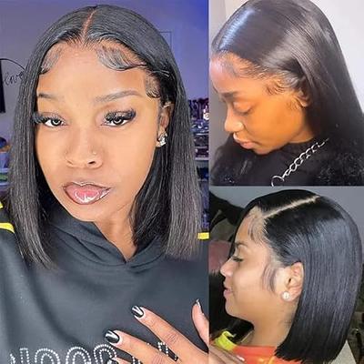 Brazilian Human Hair Pre Plucked Short Bob Side Part Natural Black No Lace  Wigs