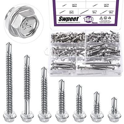 Swpeet 160Pcs 410 Stainless Steel #14 Hex Washer Head Self