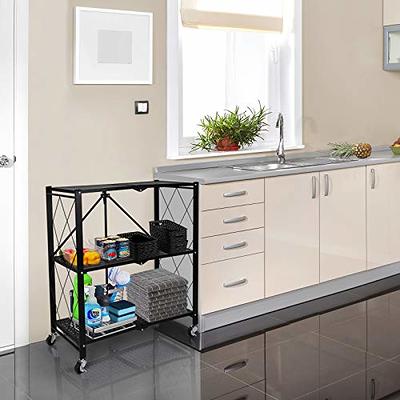 HealSmart 4-Tier Heavy Duty Foldable Metal Rack Storage Shelving Unit with Wheels Moving Easily Organizer Shelves Great for Garage Kitchen Holds Up