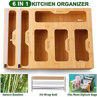 6 in 1 Bamboo Ziploc Bag Storage Organizer and Wrap Dispenser.