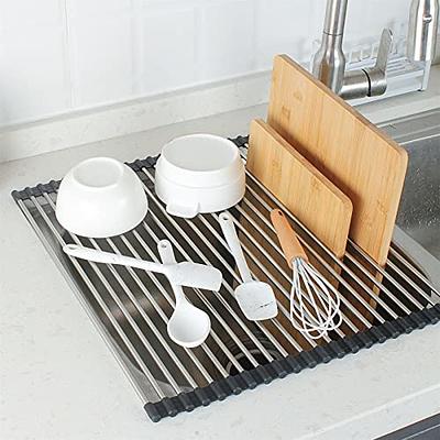 JAQ Dish Drainer in Sink Adjustable 14.96 to 20.59, Expandable 304  Stainless Steel Metal Dish Drying Rack Organizer with Stainless Steel  Utensil