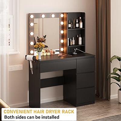 Black Makeup Vanity Set Dressing Table with Sliding LED Lighted Mirror  Power Strip and Hair Dryer Holder, Drawers, Stool