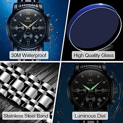 Black Watch for Men Large Face Stainless Steel Diamond Watches