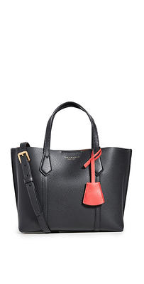 Tory Burch Perry Triple Compartment Pebbled Leather Tote Bag in black.