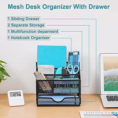 Desk Organizer for Women, Mesh Office Supplies Desk Accessories, Features 4  Compartments + 1 Mini Sliding Drawer