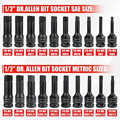 WETT 1/2 Drive Master Impact Hex Bit Set, 20 Piece Hex Driver Set, Allen  Bit Socket Set, Cr-Mo Steel, SAE & Metric, (1/4 - 3/4, 6-19mm)