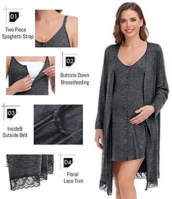 Dottie 2-Piece Maternity/Nursing Chemise & Robe Set - Gray/Pink