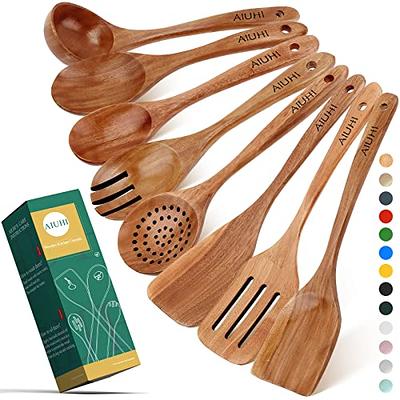 Zulay 6 Piece Teak Wooden Spoons Spatula Non-Stick Kitchen Cooking