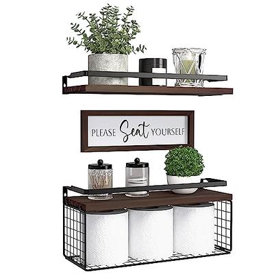 Fixwal 4+1 Tier Floating Shelves, Rustic Wood Wall Shelf, Bathroom Shelves  Over Toilet with Wire Storage Basket, Farmhouse Wall Decor for Bedroom